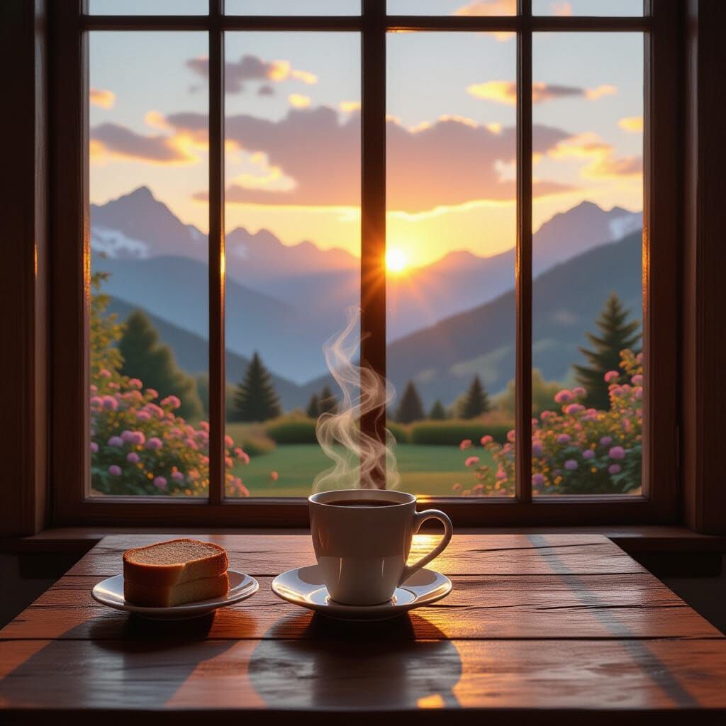 Sunrise Over Mountains and Garden: Coffee Table Serenity
