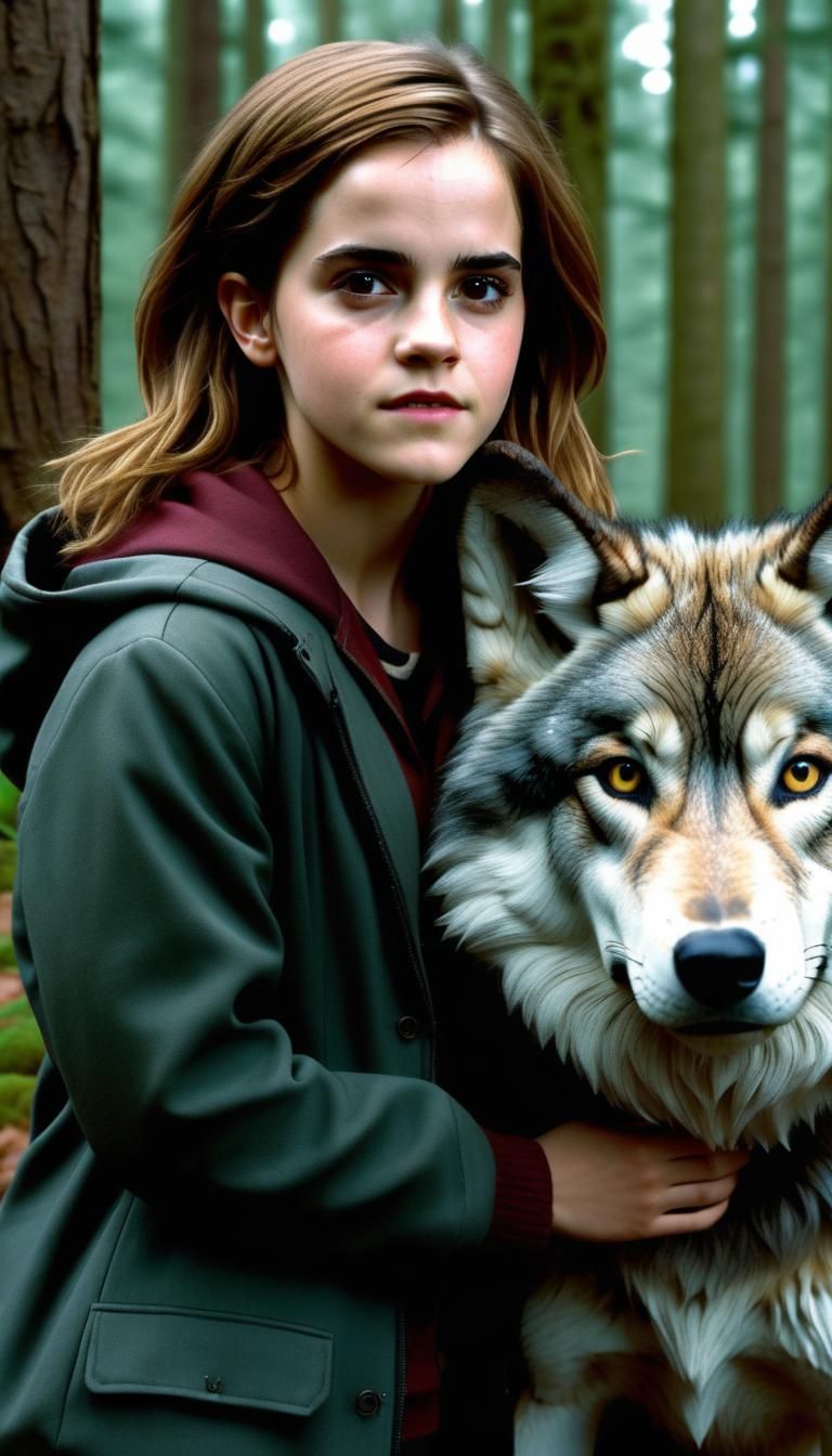 Hyperrealistic Woman with Wolf in Forest