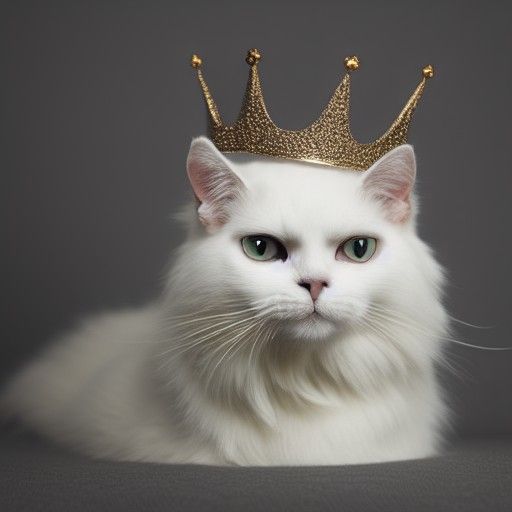White Cat with Crown: A Regal Portrait
