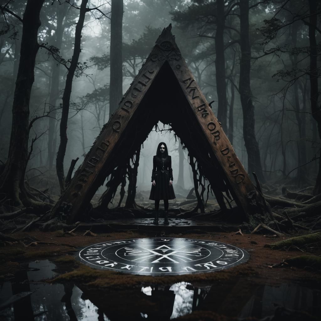 Eerie Goth Scene: Giant Ouija Board in Forest