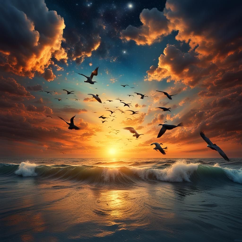 Surreal Sunset Seascape with Birds and Stars