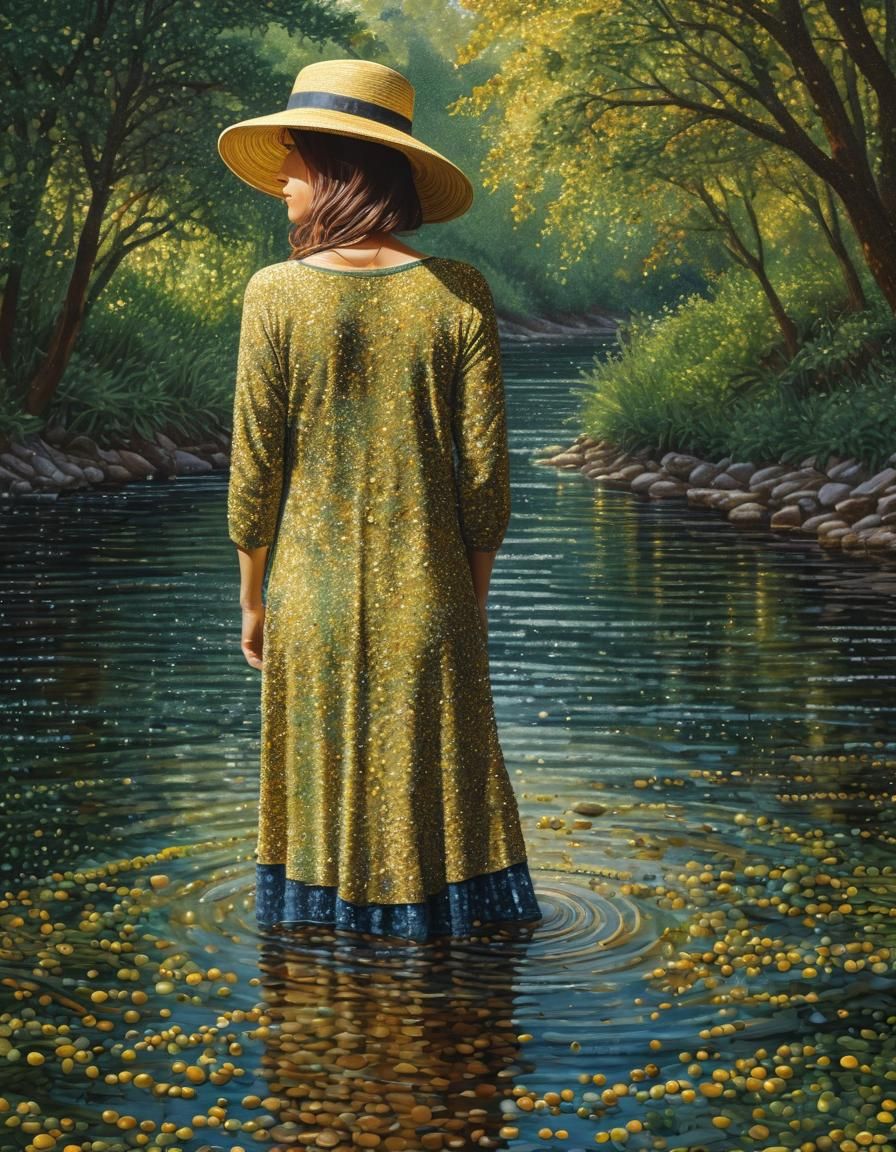 Pointillism painting woman in water