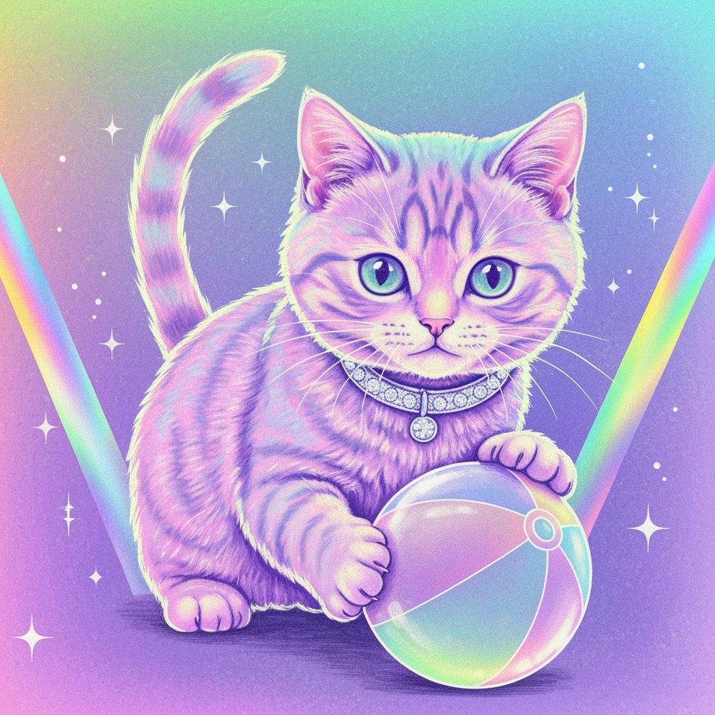 Pastel Kitten Plays with Beach Ball in Vaporwave Chalk Art