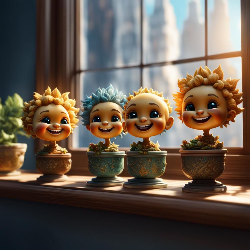 Smiling Bobbleheads on Windowsill: Fantasy Concept Art