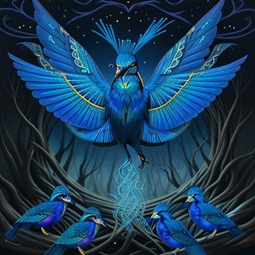 Bioluminescent Ballet with Birds in Bizarre Baroque Style