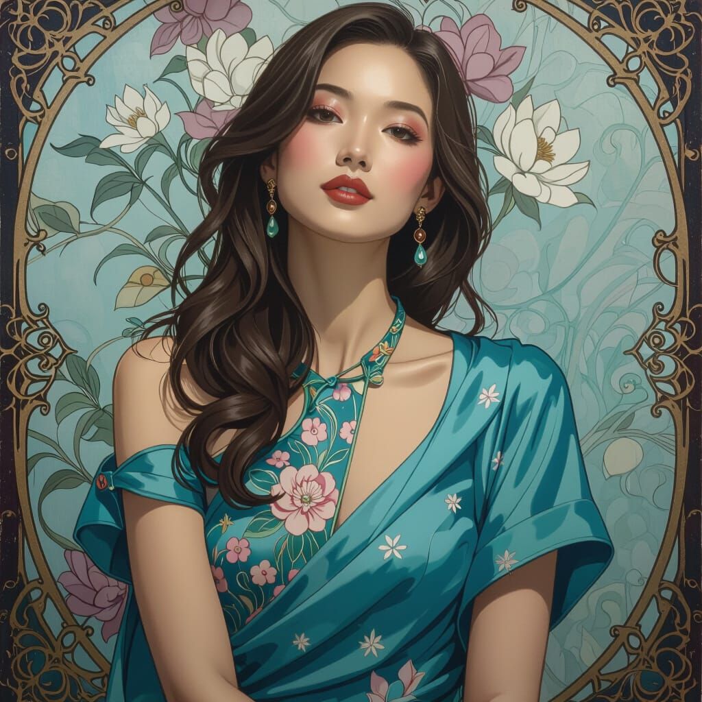 Elegant Chinese Lady in Cheongsam, Art Nouveau Style
