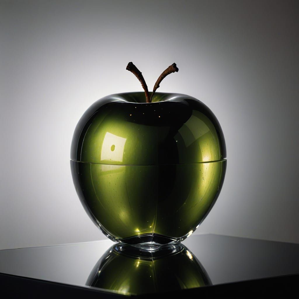 Shiny Glass Apple Splits in Half Under Warm Light