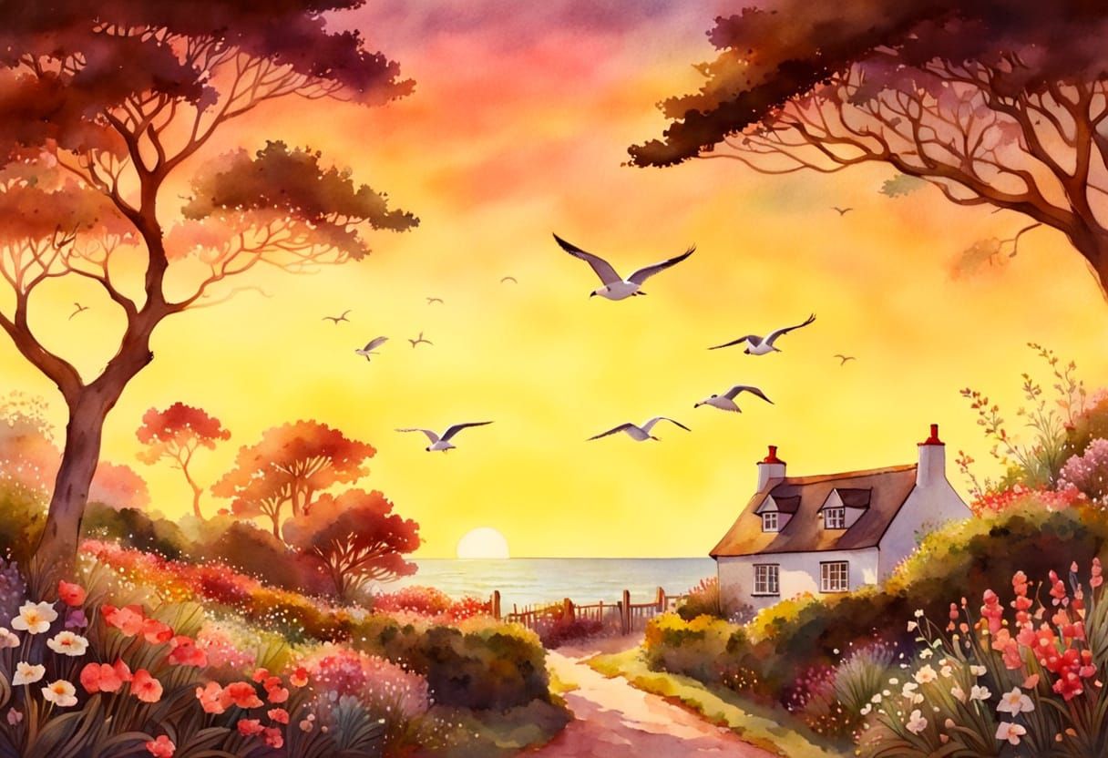 Quaint Seaside Cottage Watercolour Painting