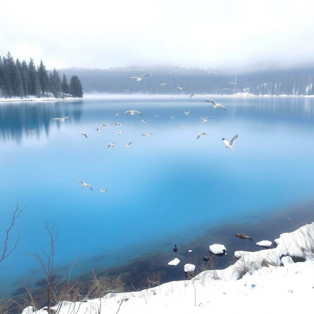 Frozen Blue Winter Lake Landscape