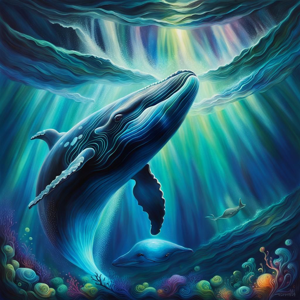 Mystical Whale Sings in Bioluminescent Ocean