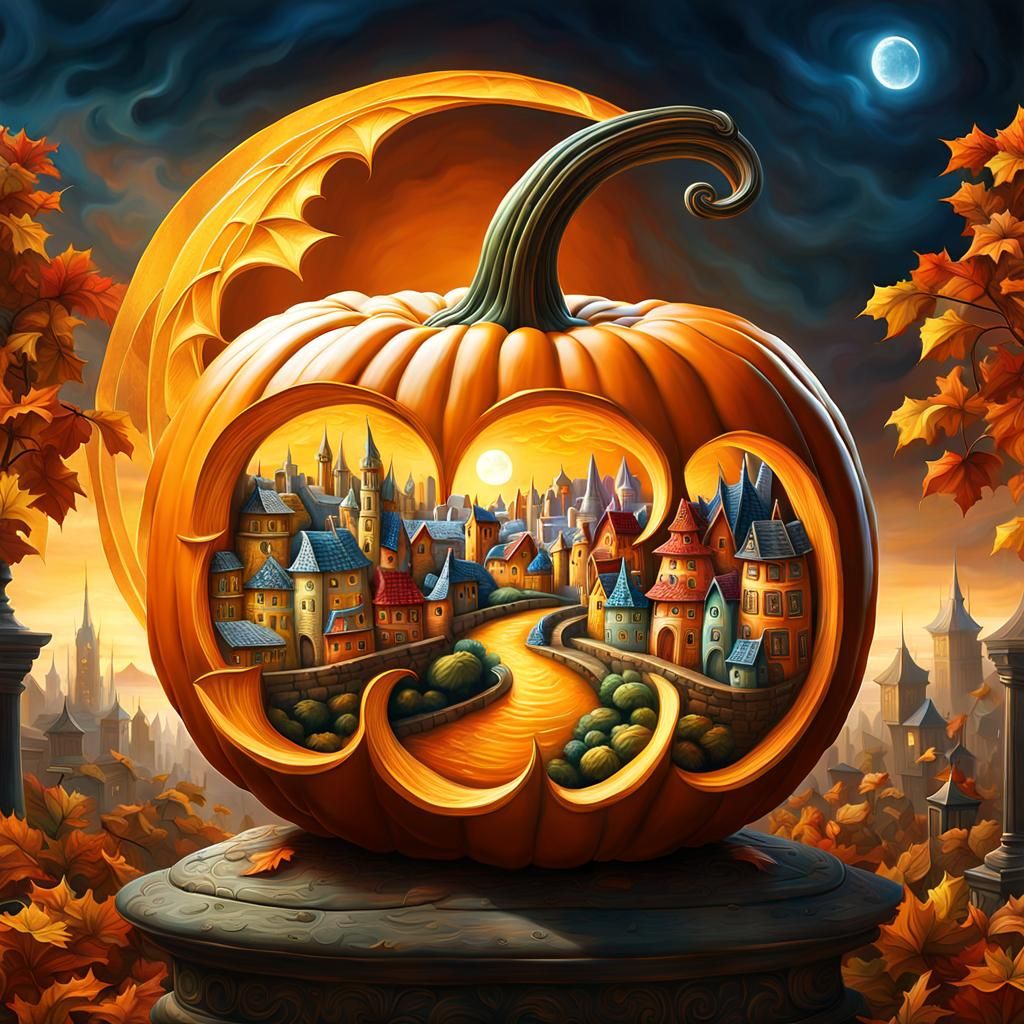 Fairytale City Pumpkin Carving in Matte Painting Style