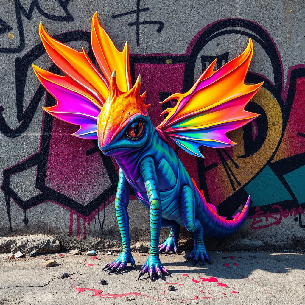 Iridescent Creature in Urban Graffiti Landscape