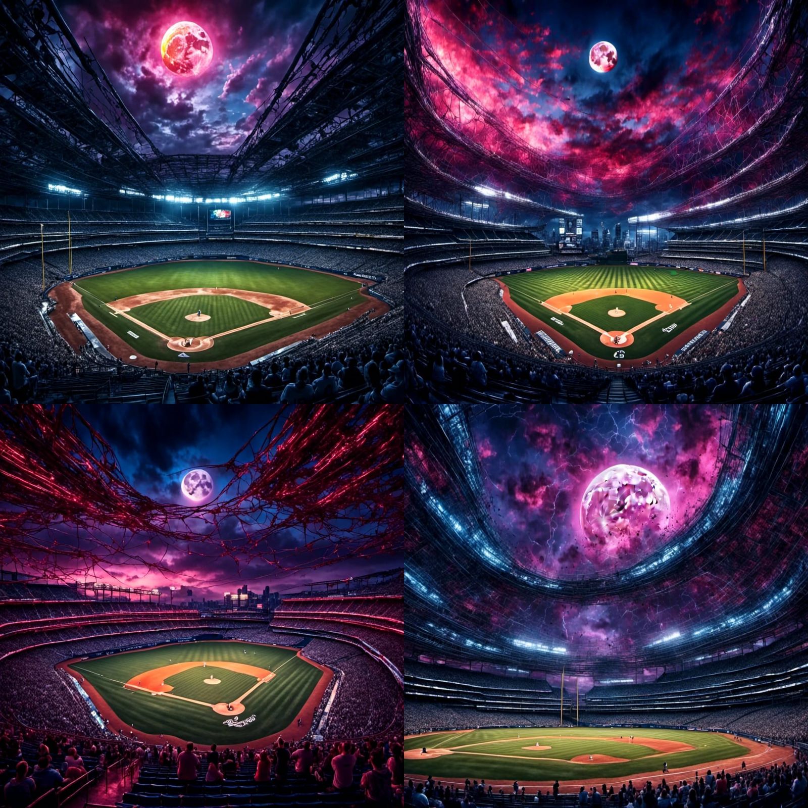 Night Baseball Stadium Under Moon, Hyperrealistic
