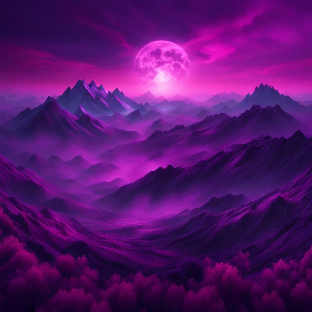 Hyperrealistic Purple Dawn Over Mountain Landscape
