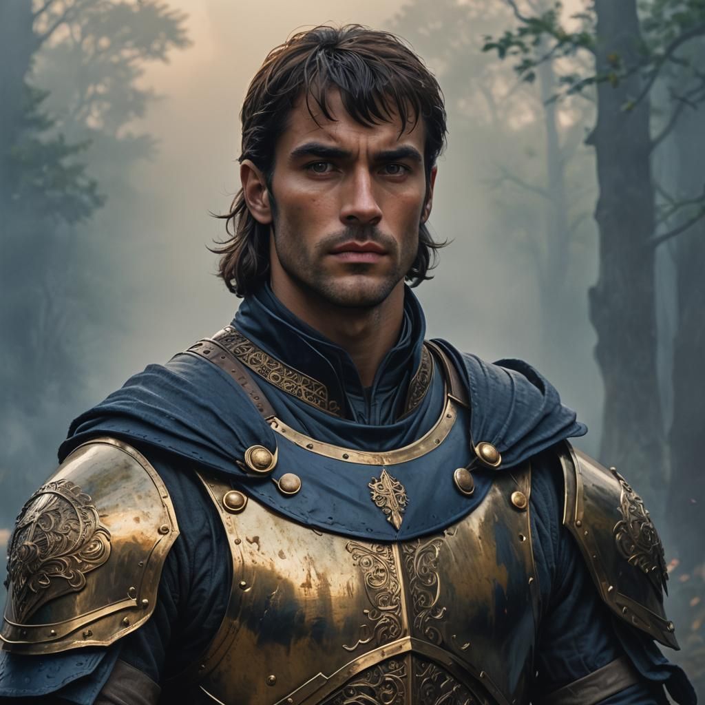 Imposing Man with Brown Bangs in Surreal Landscape