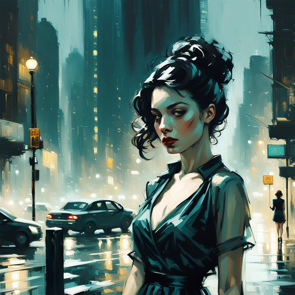 Pinup Woman in Dark Cityscape, Film Noir Style