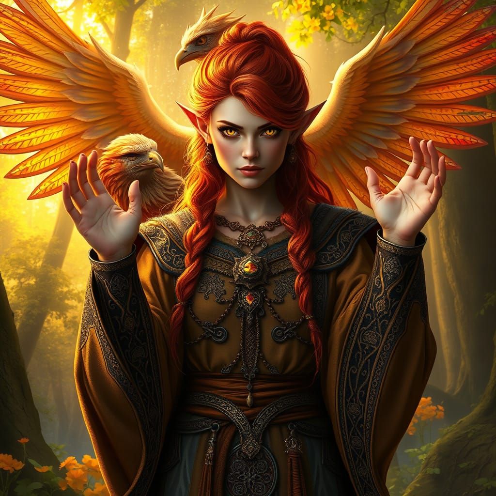 Regal Dwarf Sorceress Surrounded by Majestic Phoenix