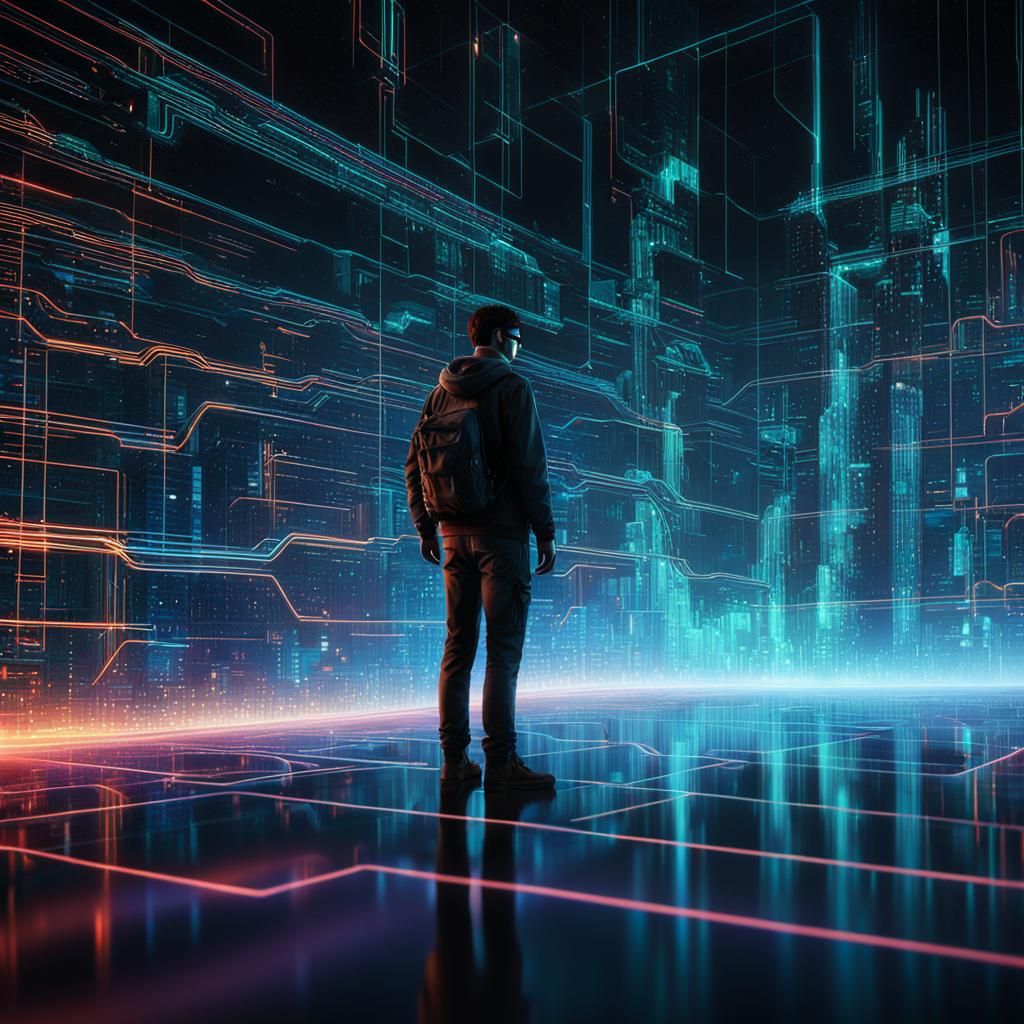 Hyperrealistic Figure Immersed in Simulated World