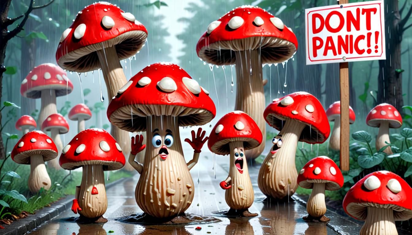 Whimsical Meatball Rain Over Mushroom Village