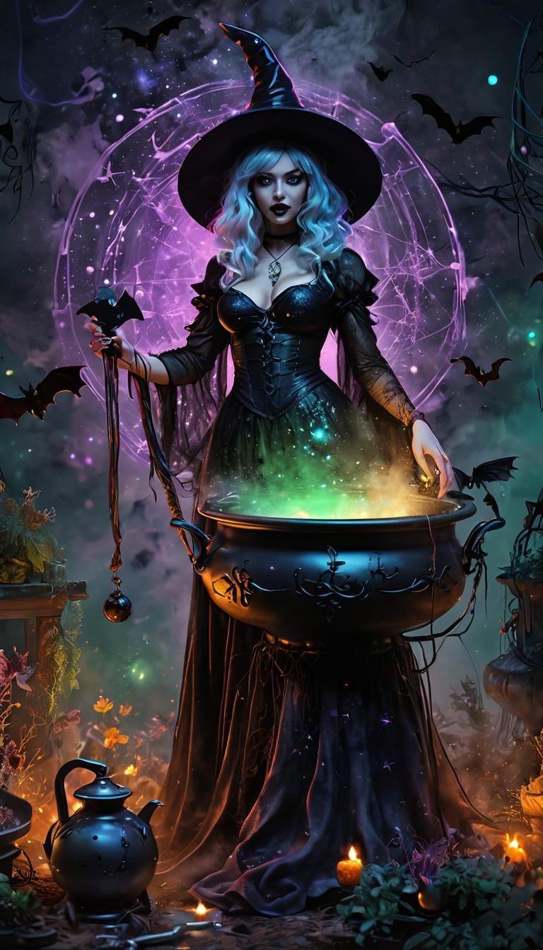Eerie Witch Pinup with Cauldron in Mystical Realism