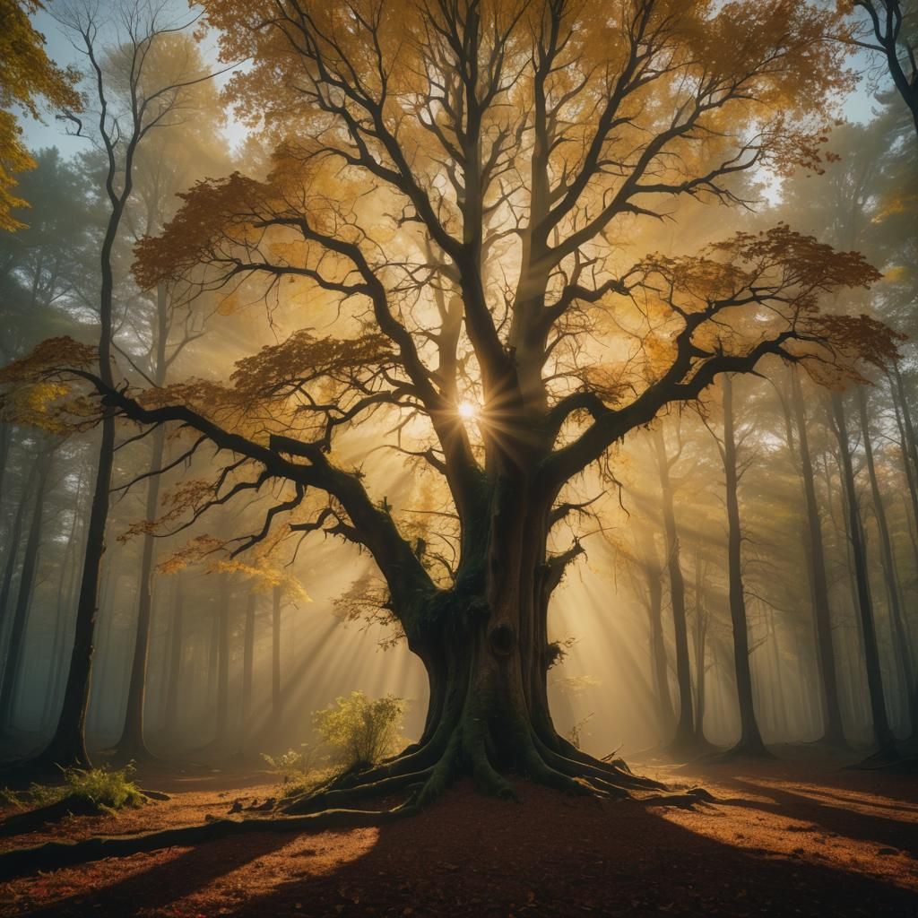 Golden Sunrise Tree in Impressionistic Style