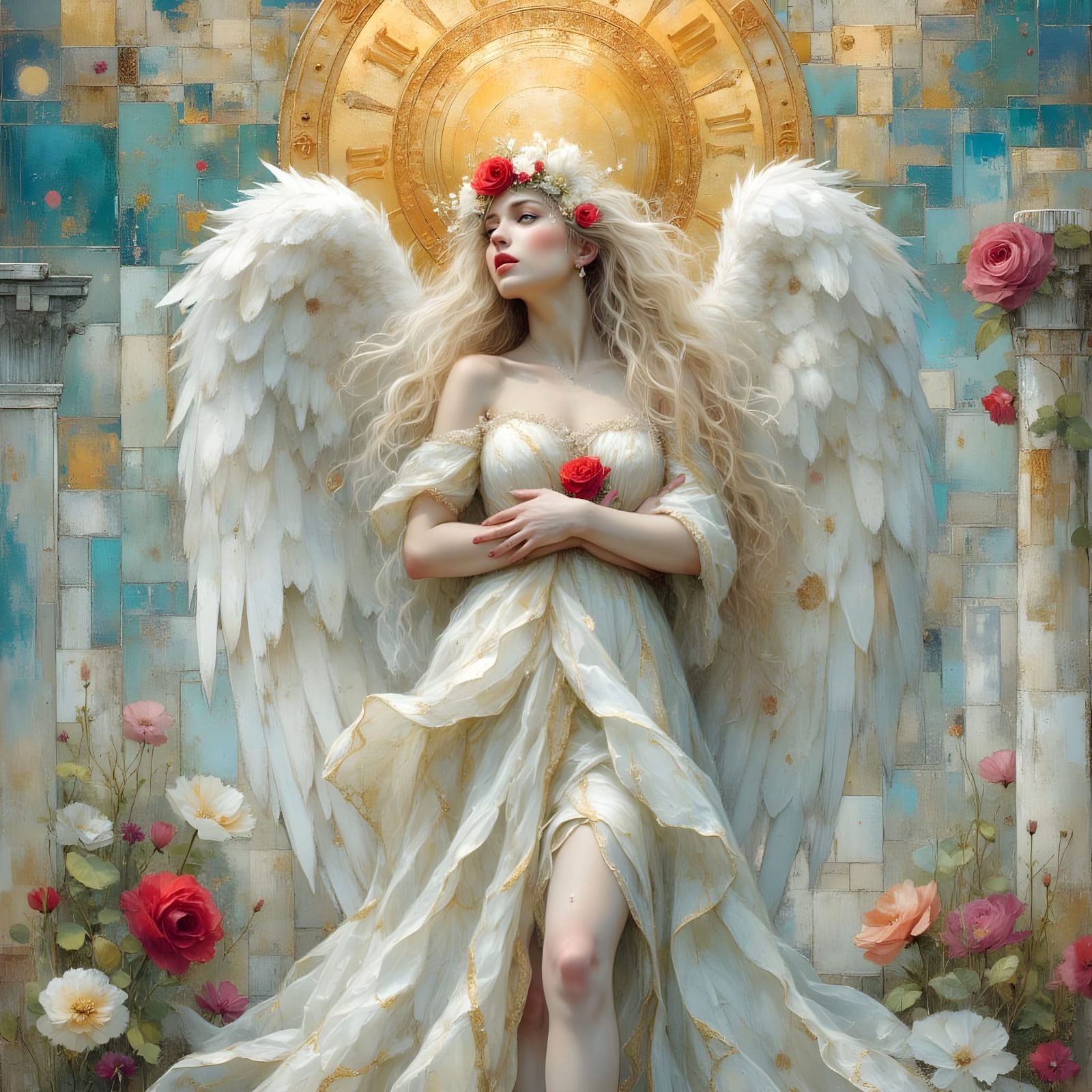 Fallen Angel Portrait with Roses and White Wings
