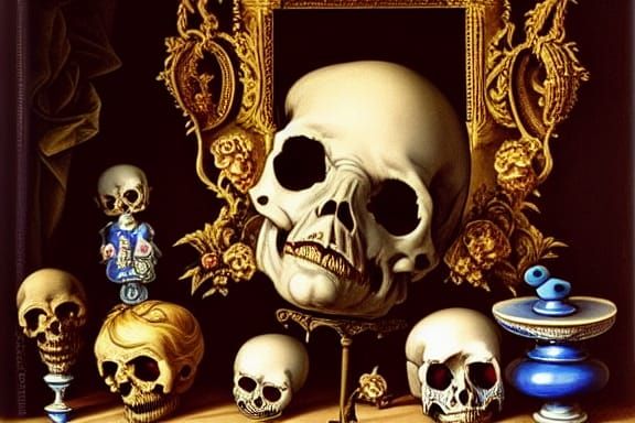 Baroque Still Life with Skulls and Oddities