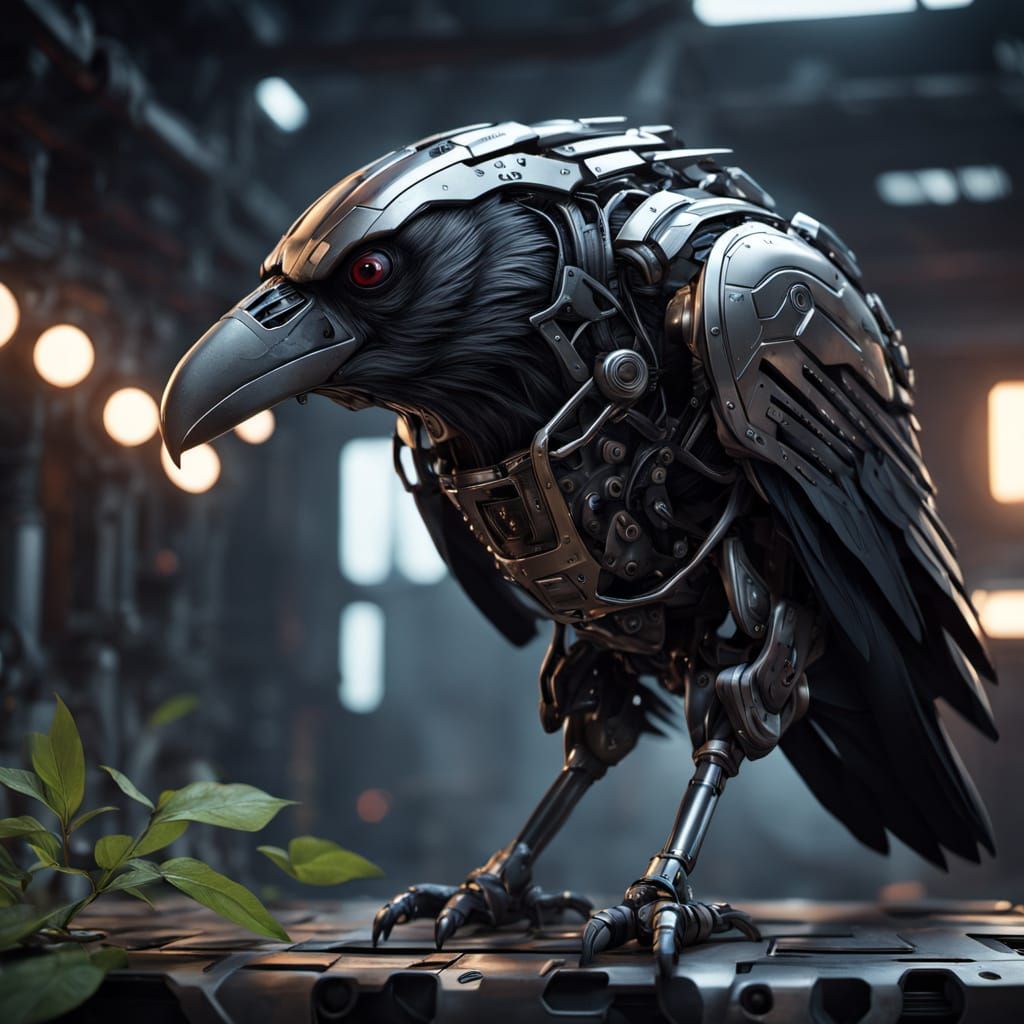 Biomechanical Raven of Steel, Hyperrealistic Macro Shot