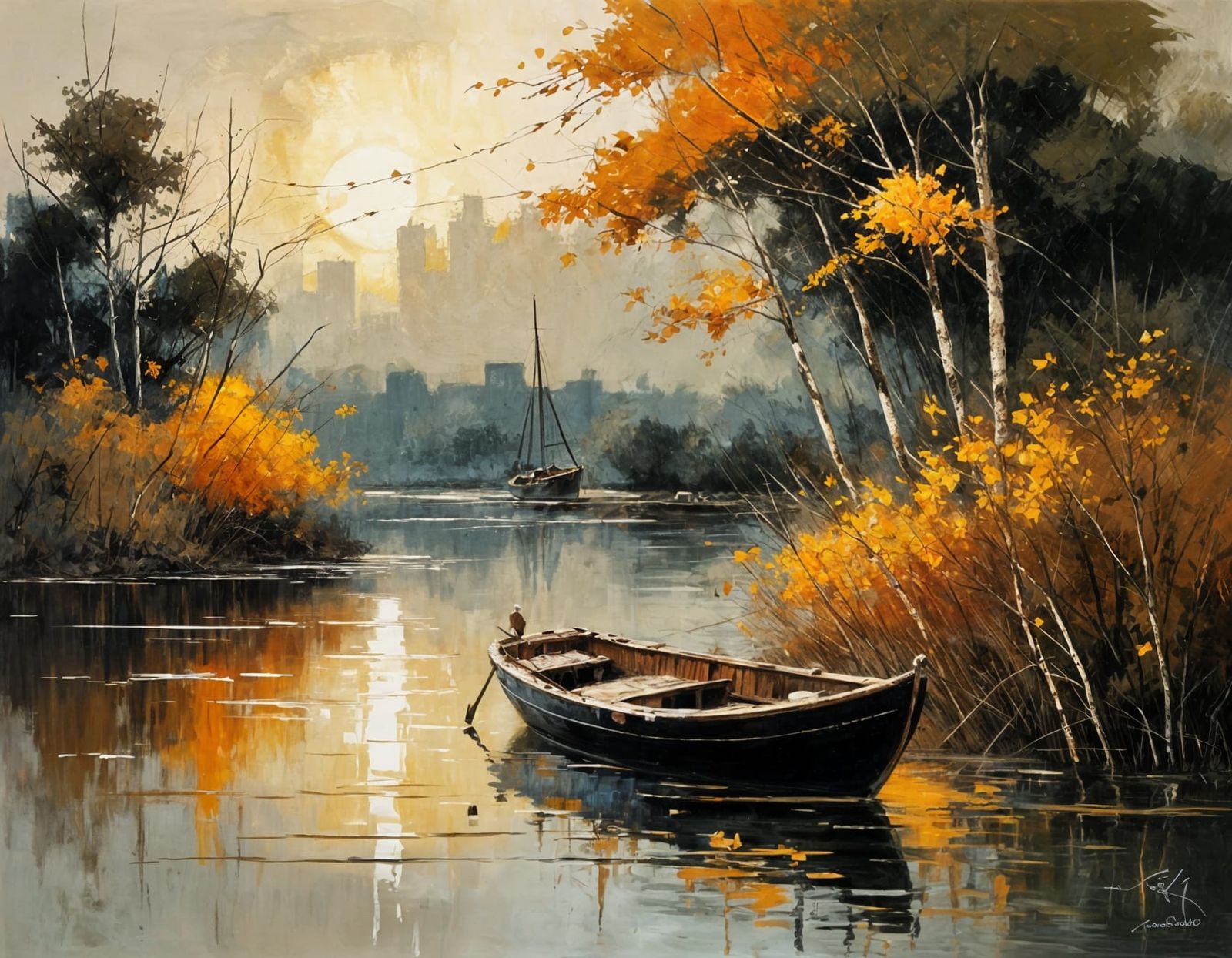 Ethereal Autumn Sunset Over Harbor in Impasto Oil Painting