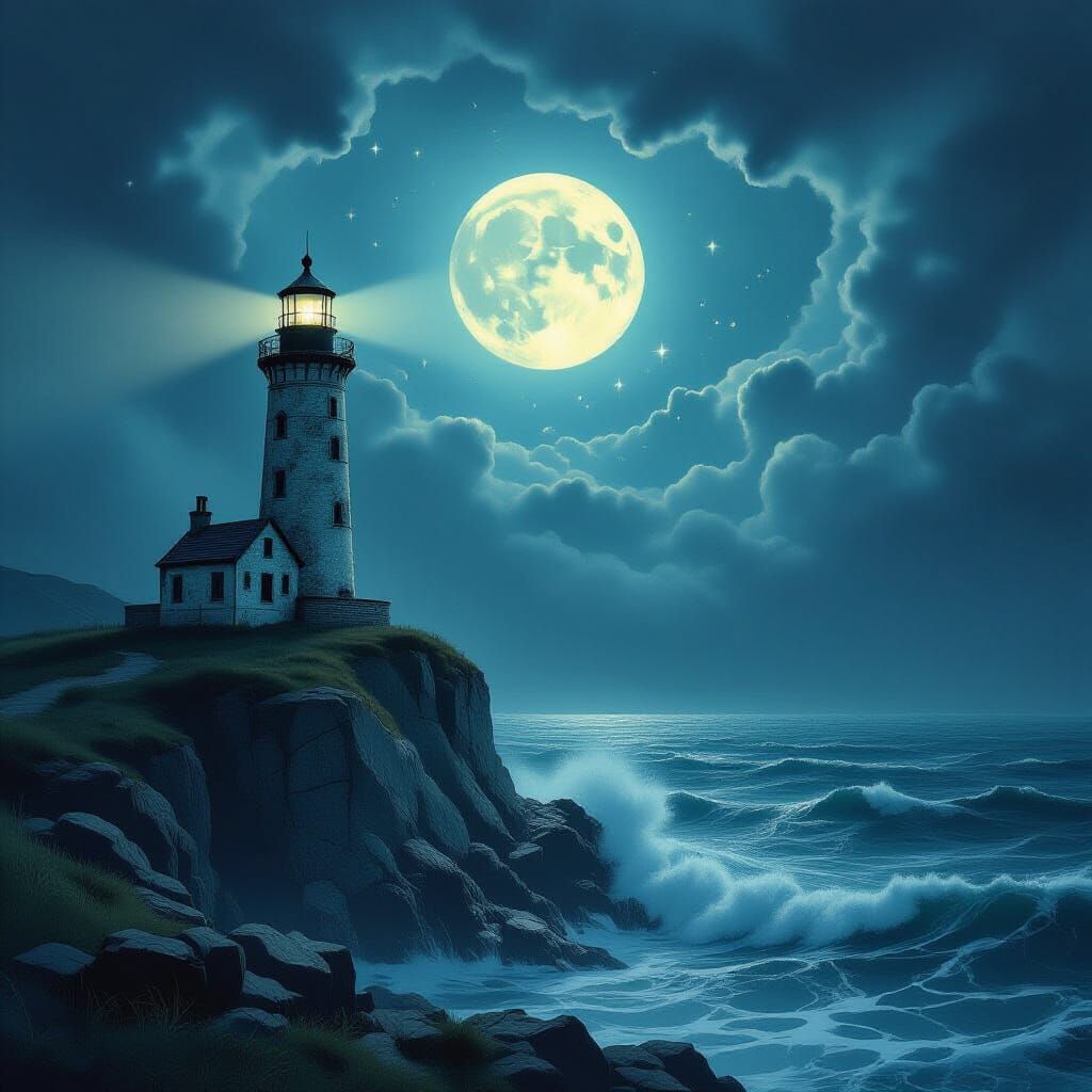 Gothic Lighthouse on Craggy Cliff Under Moonlit Nebulae Sky