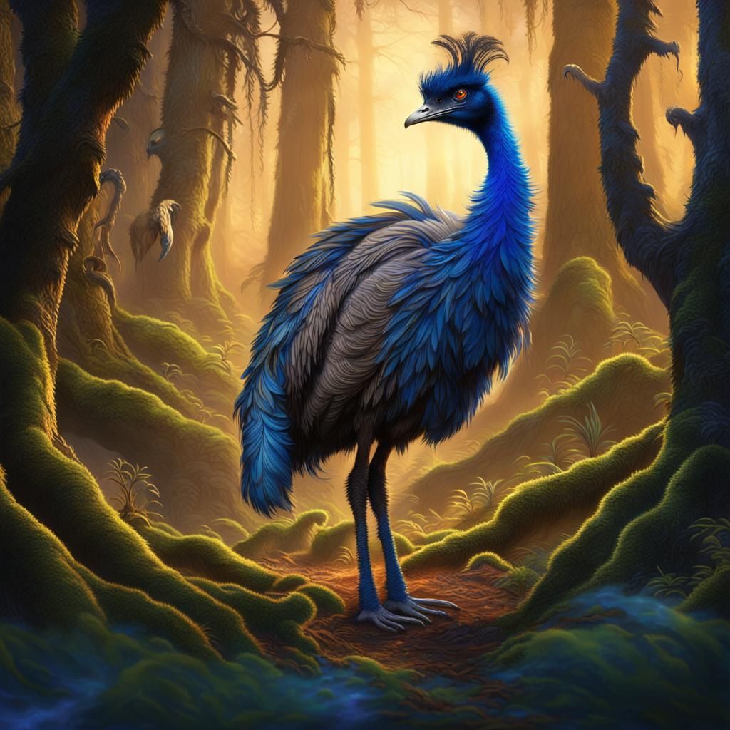 Heroic Superpowered Emu in Ancient Forest Glade