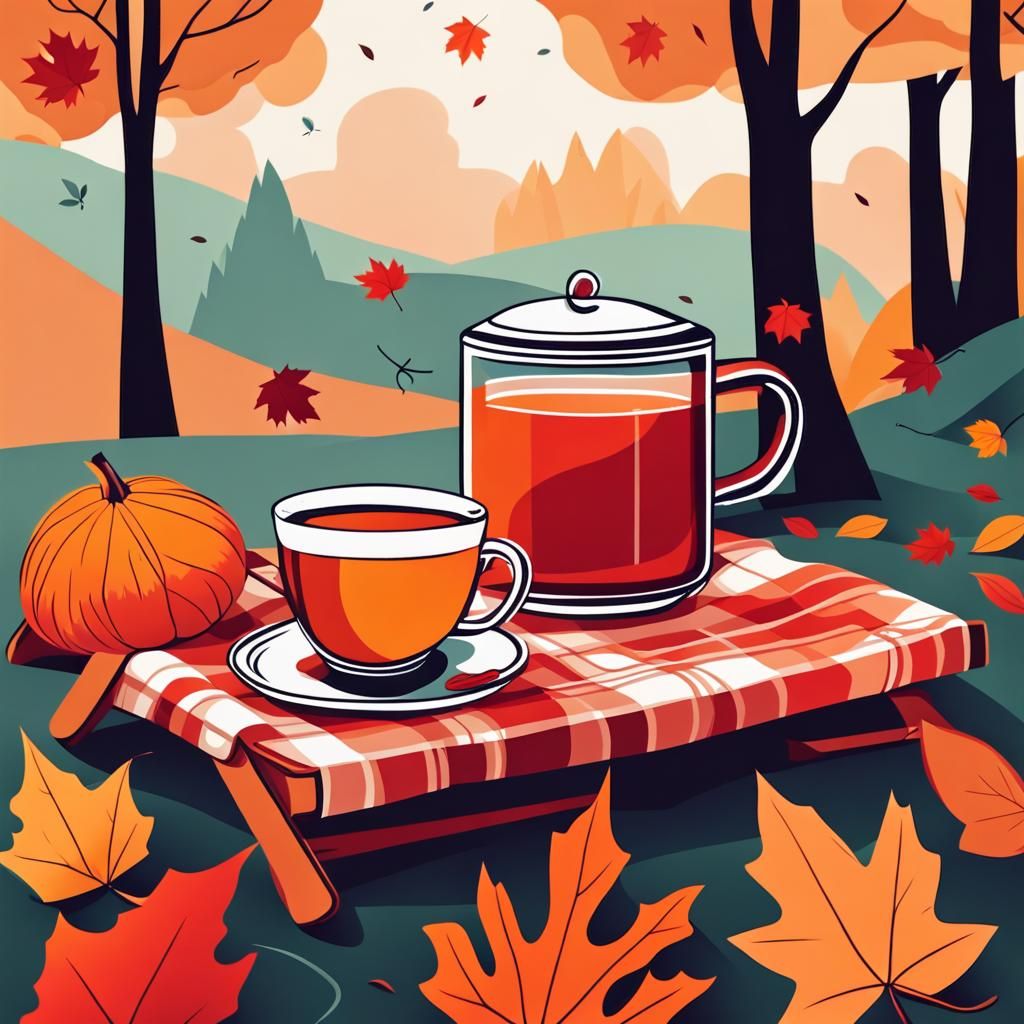 Autumn Picnic with Tea: 2D Flat Illustration