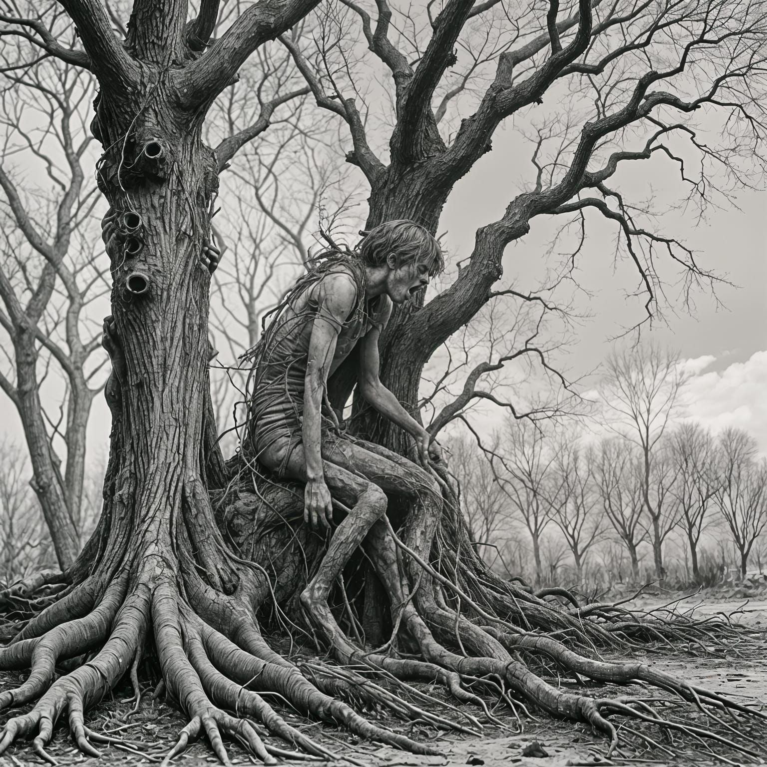Ominous Tree Reaches for Boy in Greyscale