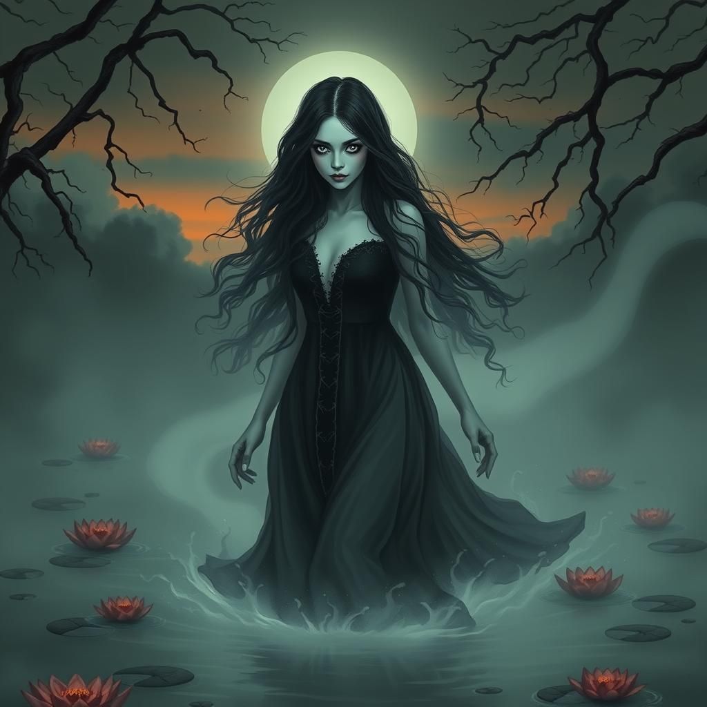 Ethereal Ghost Woman Floating on Misty Lake