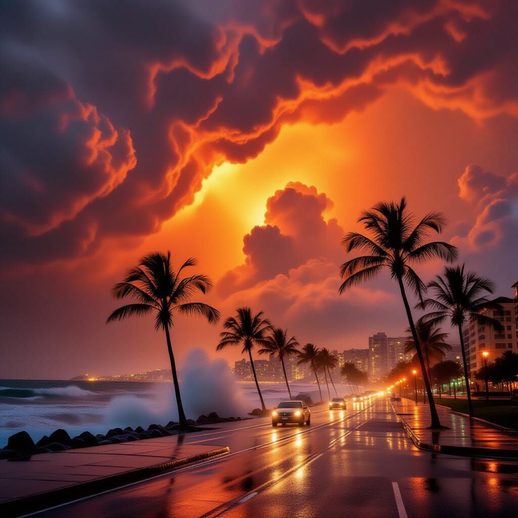 Orange Storm Engulfs Coastal Cityscape with Palm Trees