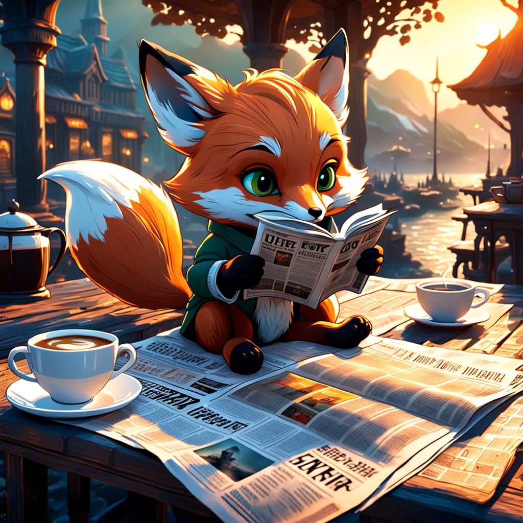 Tired Baby Fox Reads News at Sunrise