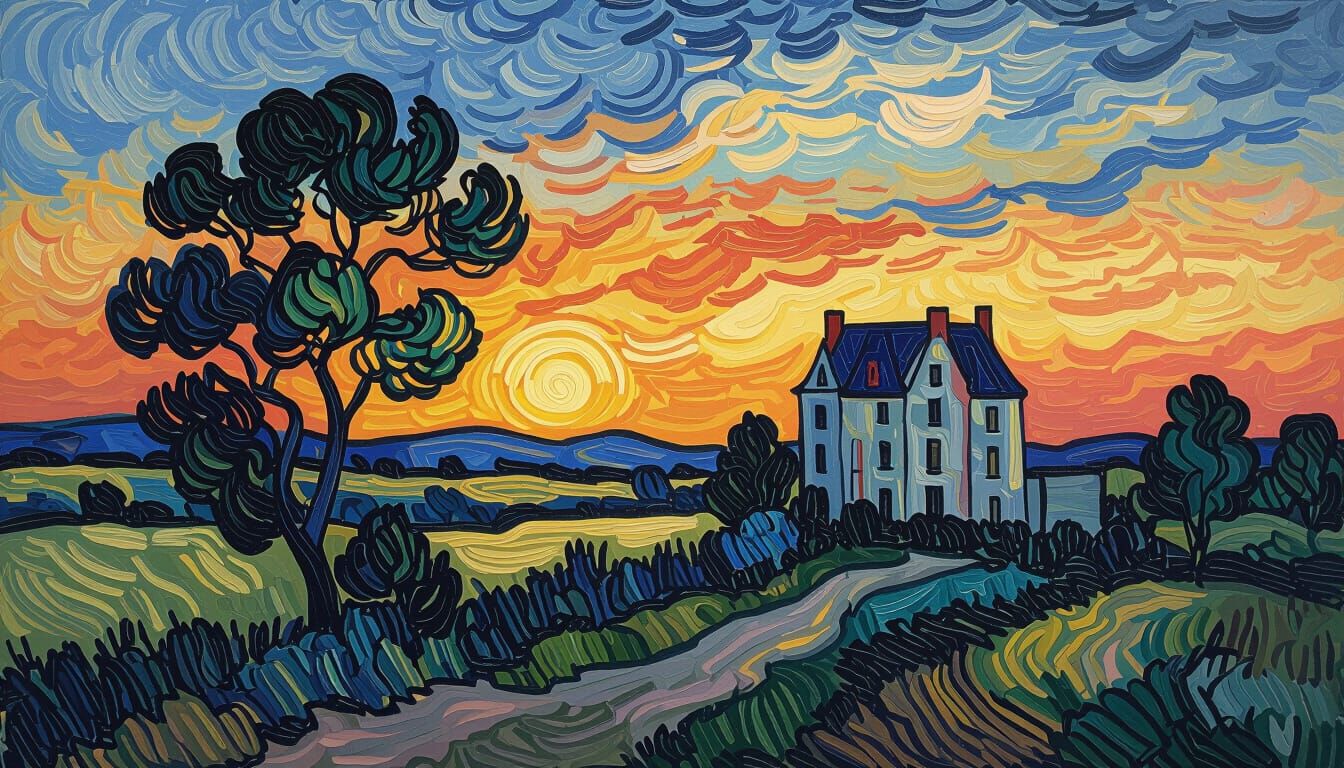 Sunset Over Auvers Chateau in Van Gogh Style