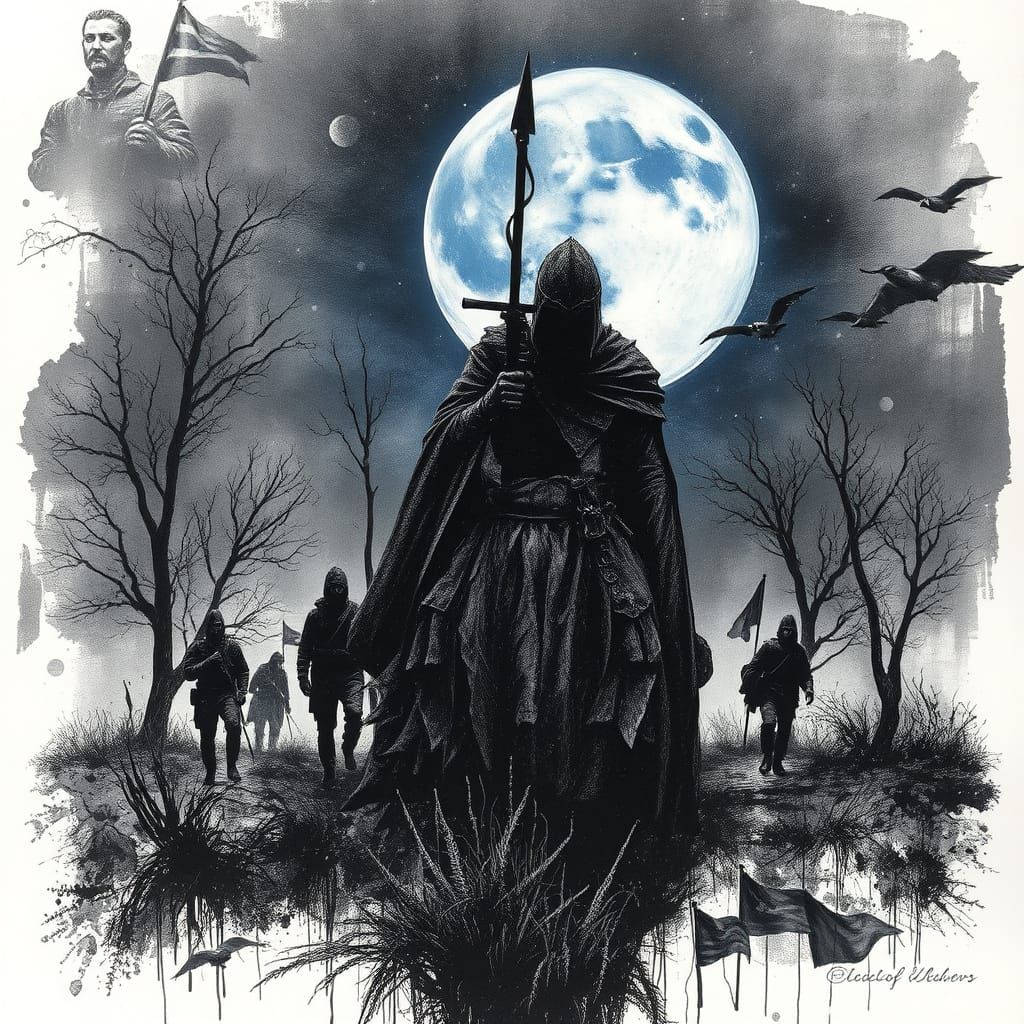 Warrior Rises from Battlefield in Blue Moonlight