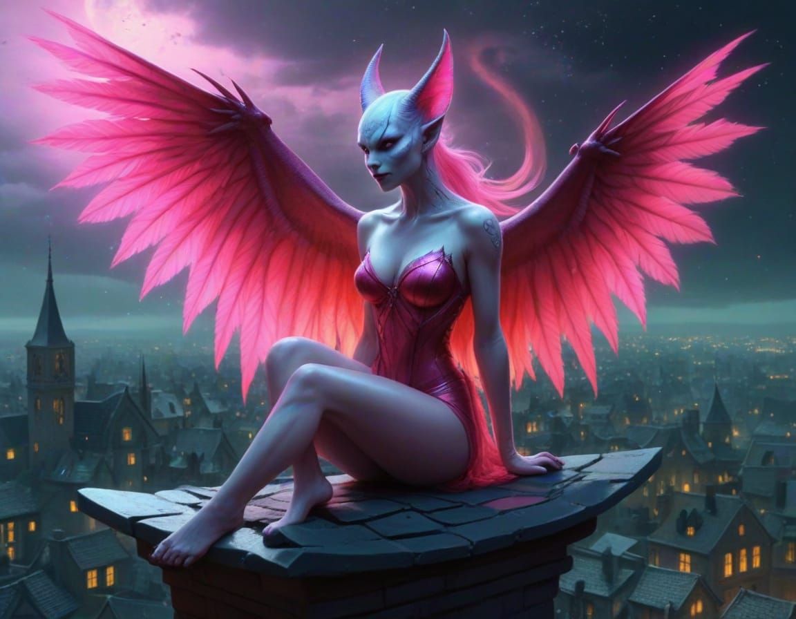 Glowing Humanoid Angel with Iridescent Wings and Barbed Tail