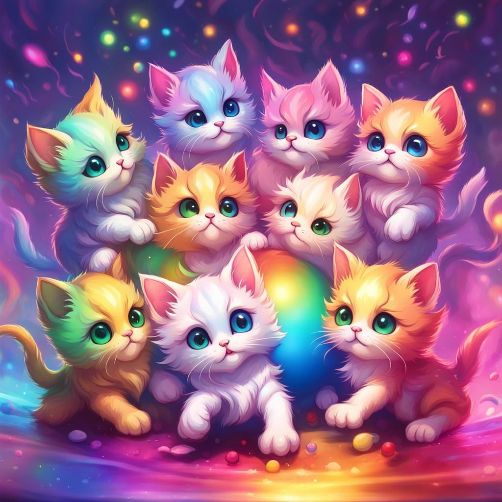 Chibi Kittens Dancing with Rainbow Glow Orbs