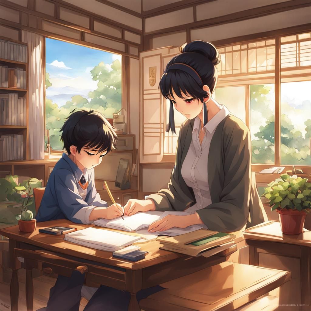 Mother and Son: Anime-Style Homework Scene