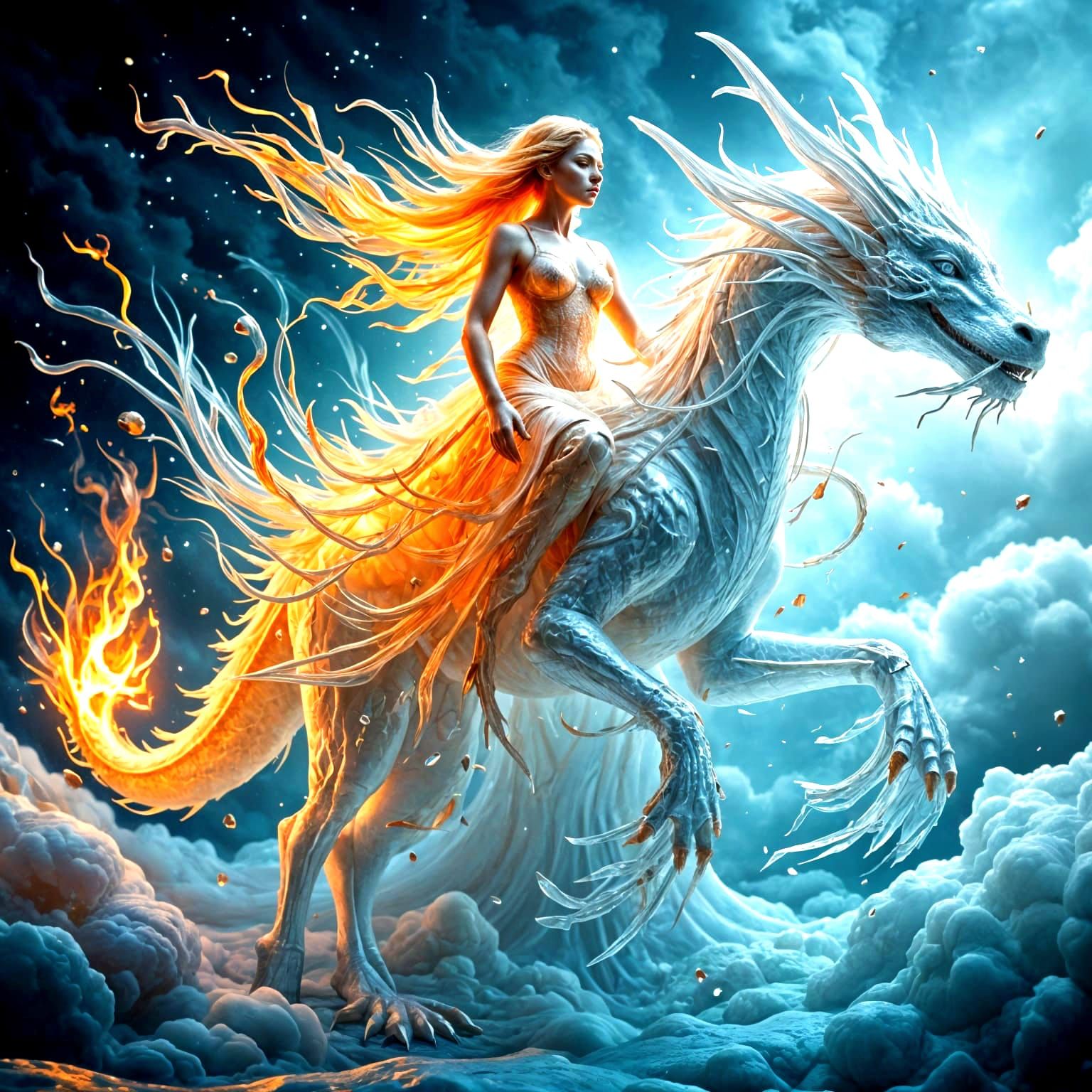 Fiery Maiden Riding Ice Dragon CGI Sculpture