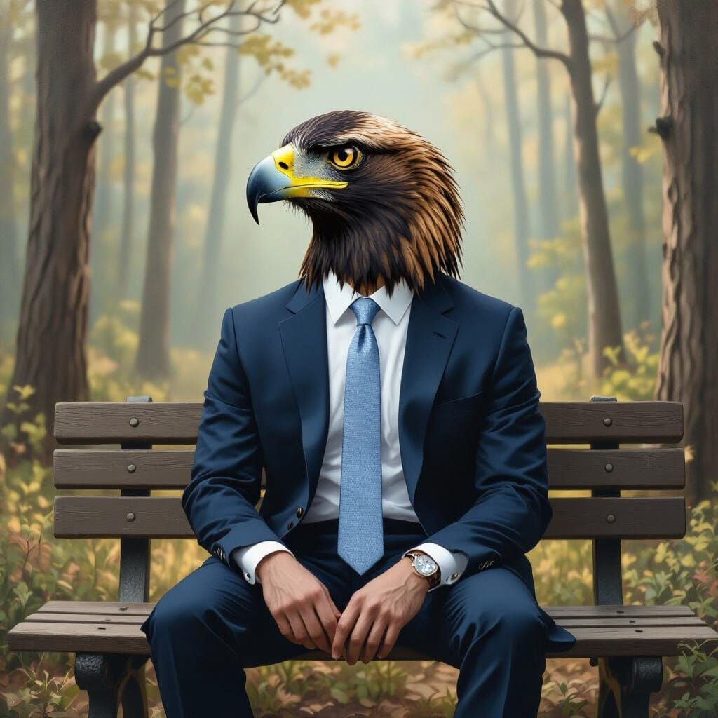 Man With Eagle Head on Forest Bench in Surreal Style