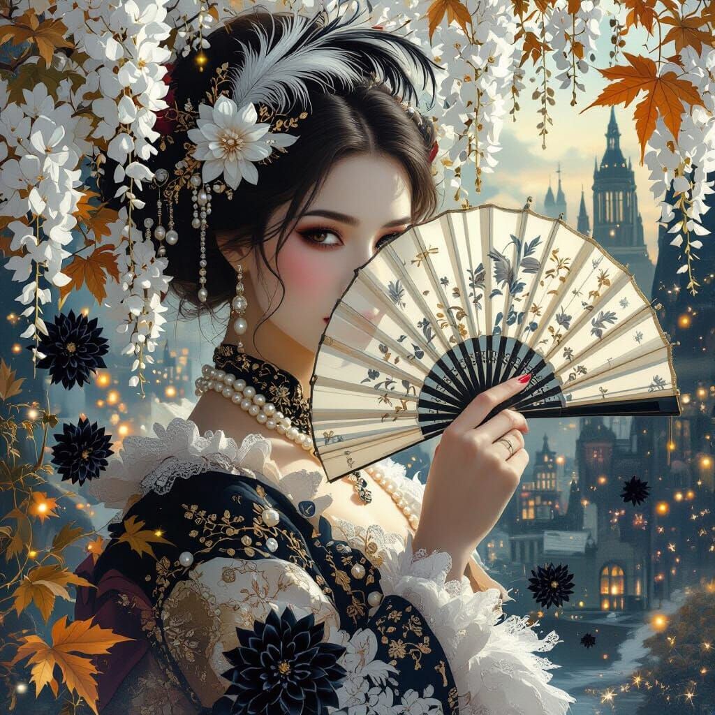 Fantasy Lady with Fan in Double Exposure