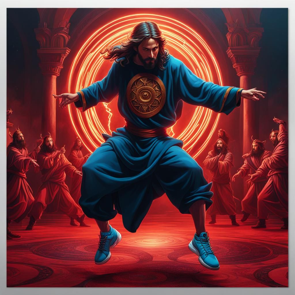 Jesus Breakdancing Against the Devil in Detailed Painting