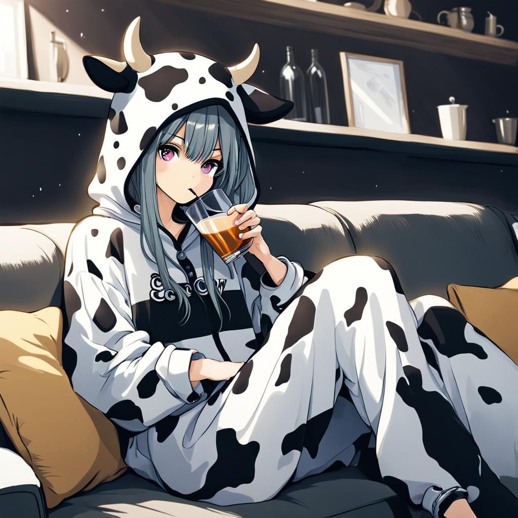 Anime Girl in Cow Onesie Relaxing