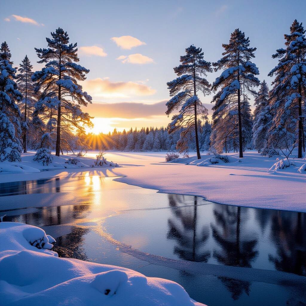 Serene Finnish Winter Landscape at Golden Hour