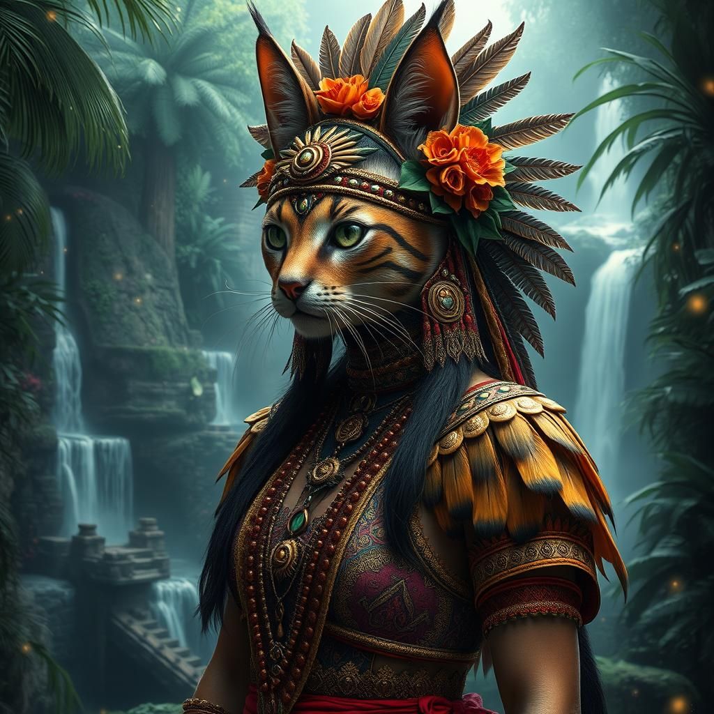 Aztec Cat-Human Hybrid in Jungle Landscape