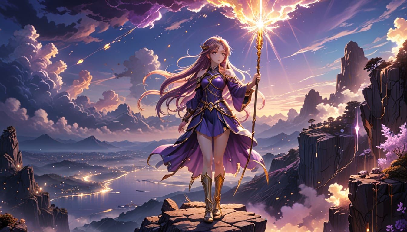 Anime Girl on Floating Cliff at Twilight