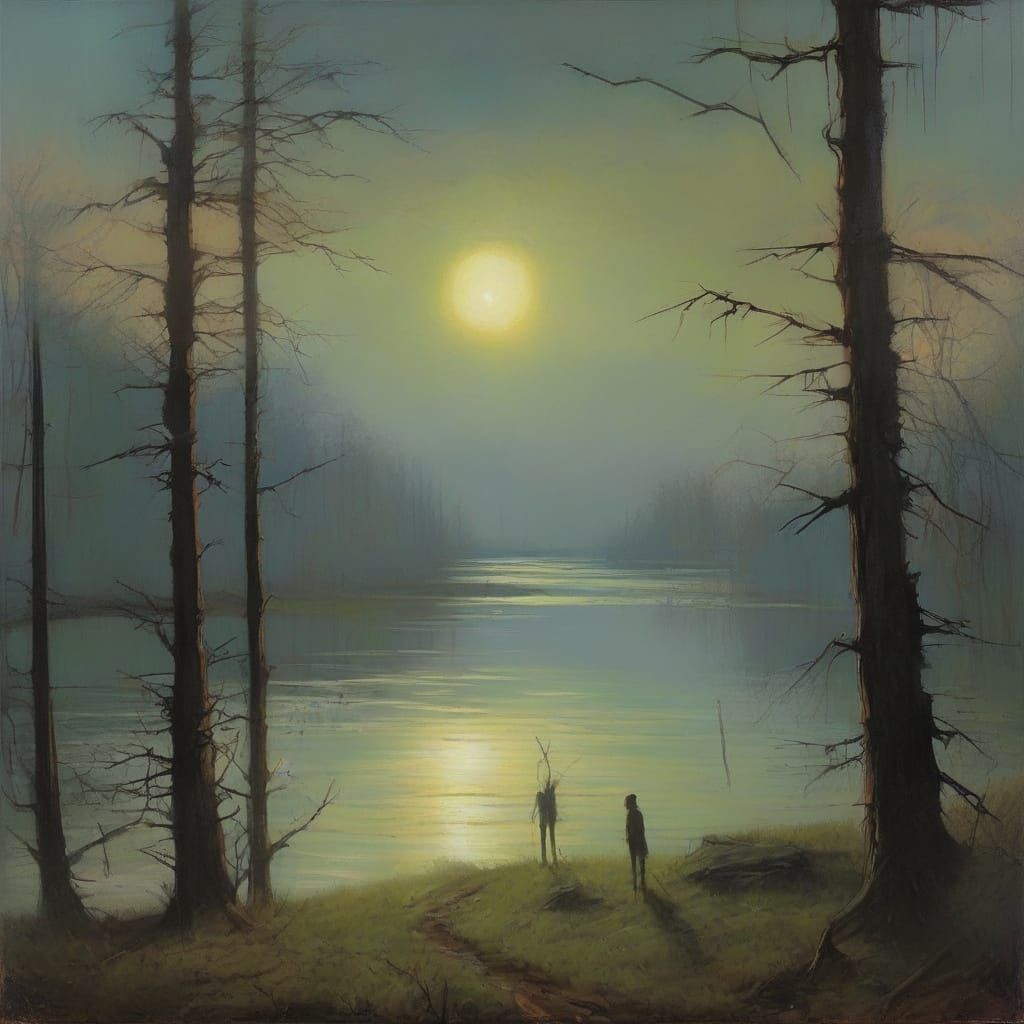 Moonlit Figure Lost in Thought at Haunting Lake